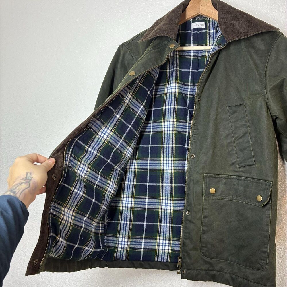 Mango Waxed Effect Barn Jacket Womens XS Green Corduroy Collar Plaid Lined - Picture 4 of 16